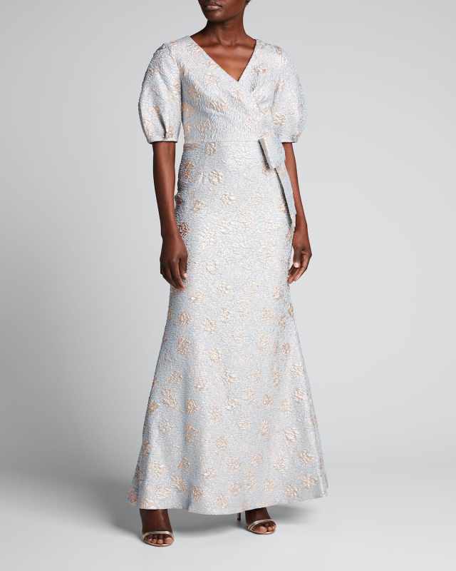 Puff-Sleeve Jacquard Mock-Wrap Gown